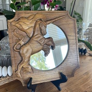 Vintage 1979 Hand-Carved Wood Unicorn Mirror